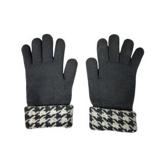 Women’s Gray Knit Winter Gloves with Houndstooth Cuffs – Fleece Lined